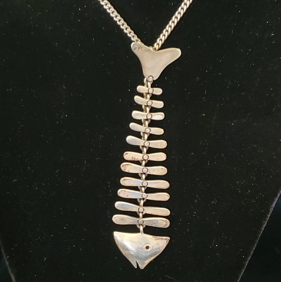 Vintage Mexican Sterling Articulated Fishbone Necklace Moveable Pre 1970's - Picture 3 of 13